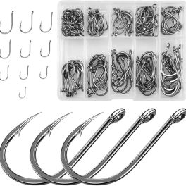 Fishing Hooks, 100 Pieces Carbon Steel Fishing Hooks in 10 Sizes, Fishing Hooks with Barbs, Fishing Hooks with Eyelet, Fishing Accessories with Plastic Box